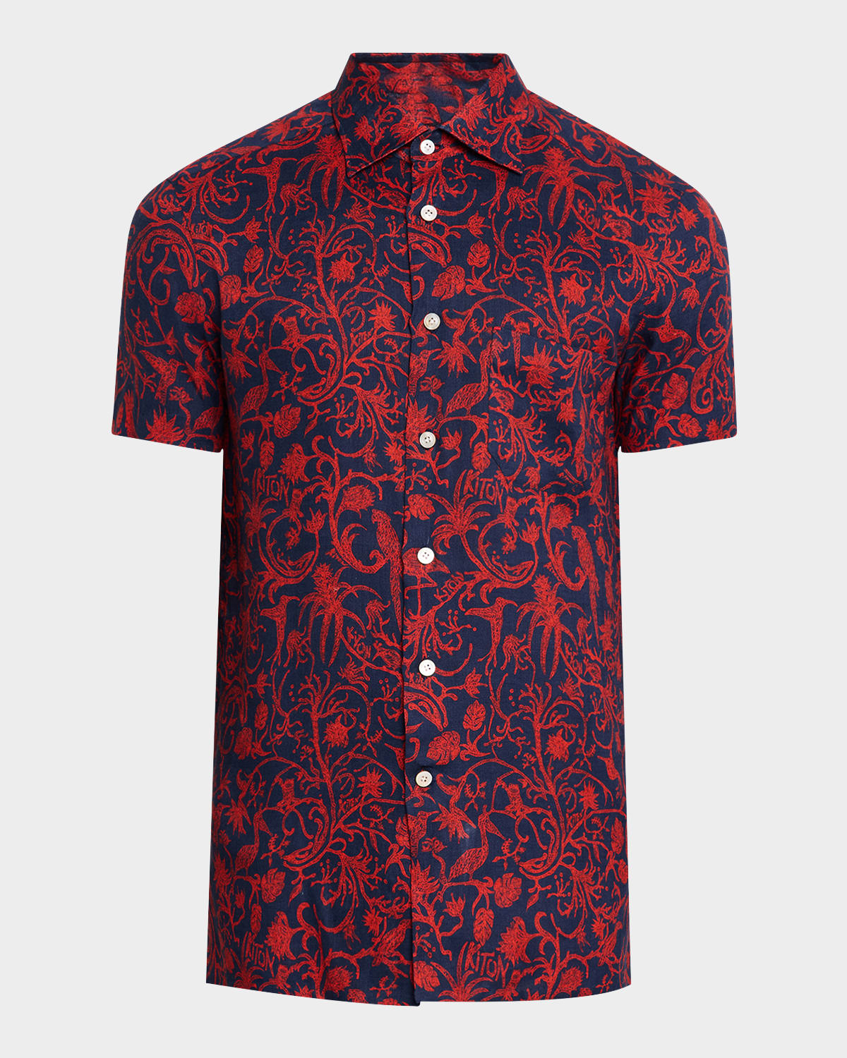 KITON MEN'S LINEN CORAL-PRINT SHORT-SLEEVE SHIRT 