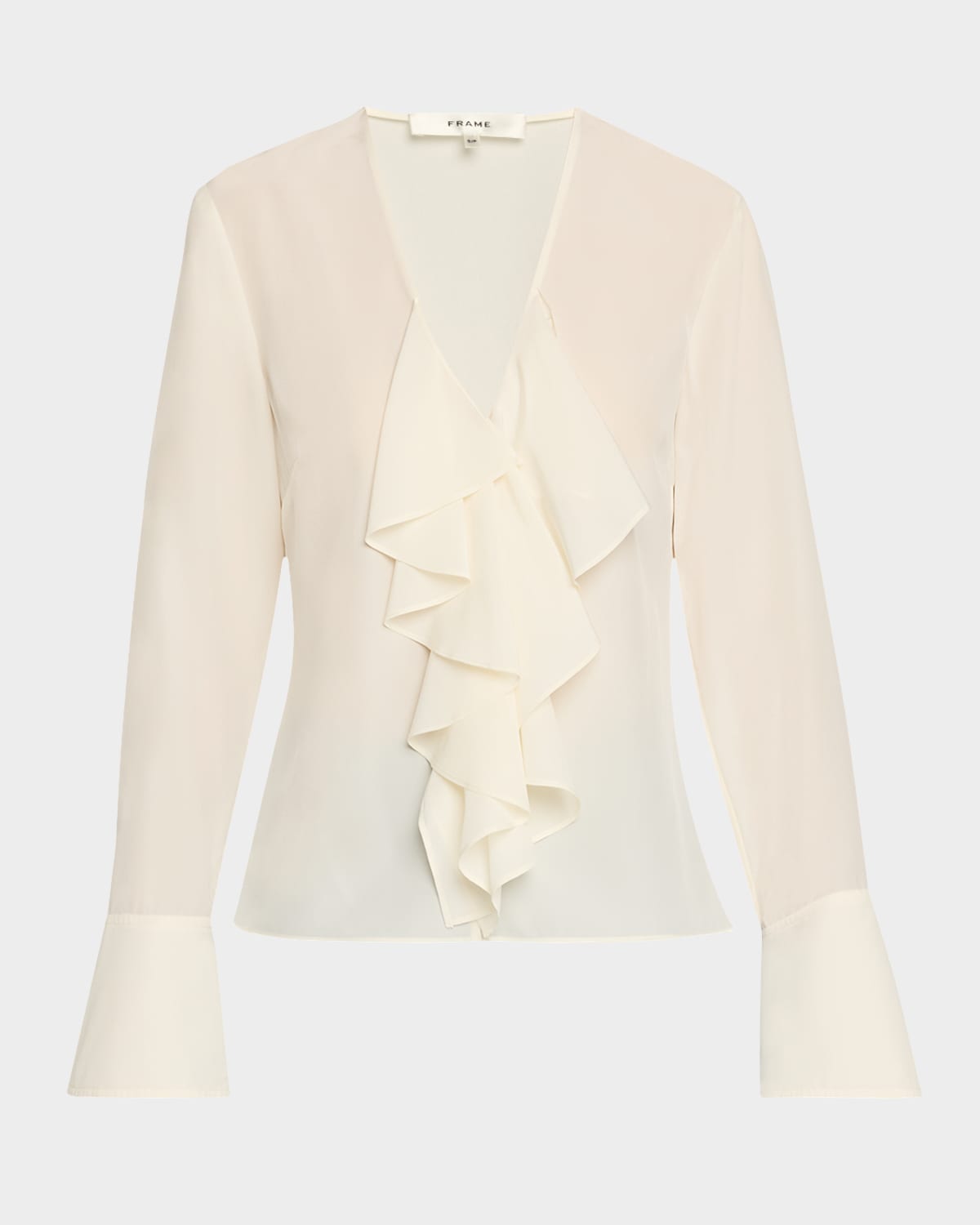 Frame Ruffle Front Long Sleeve Silk Top In Cream