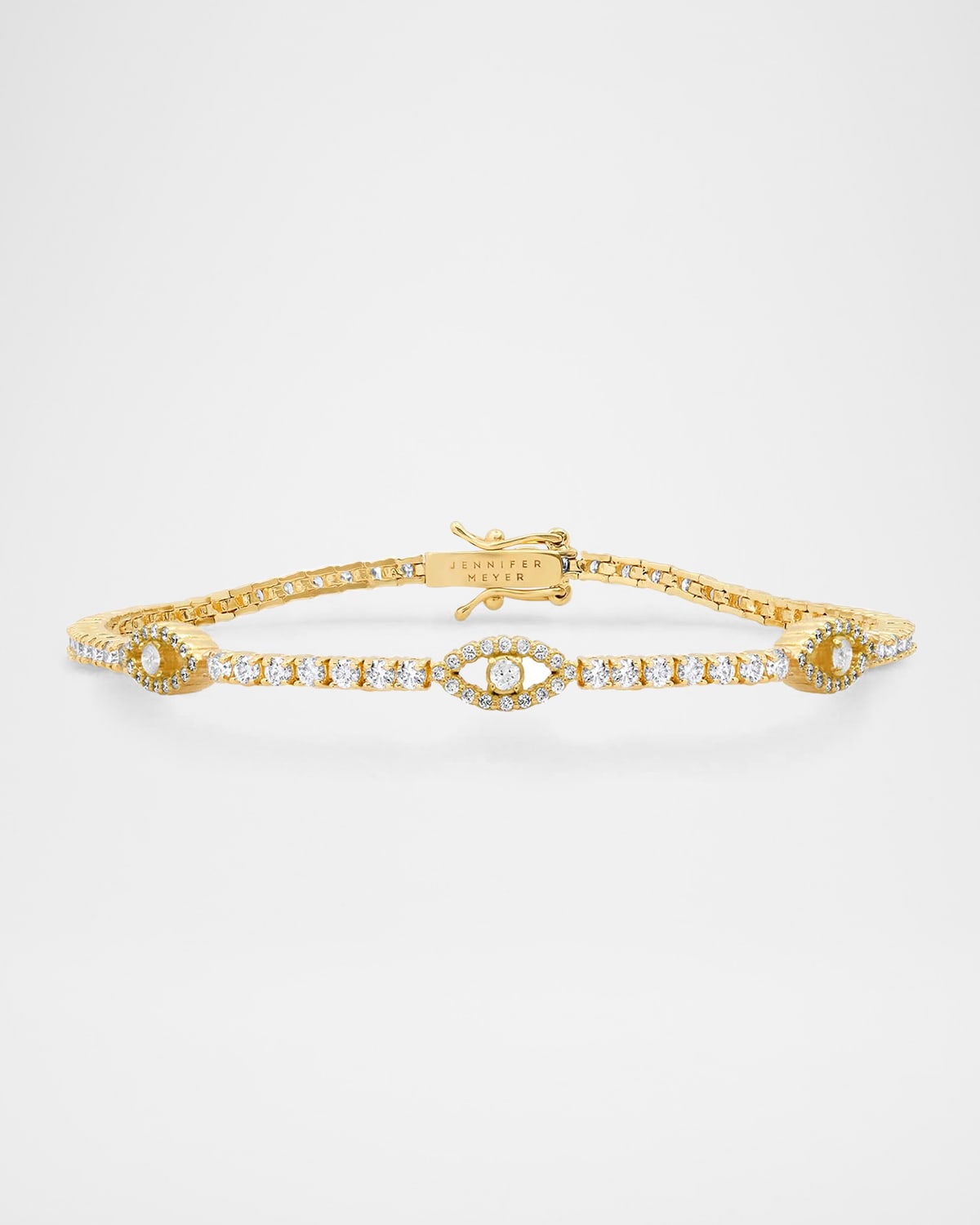 18K Yellow Gold Small 4 Prong Diamond Tennis Bracelet with 3 Mini Open Evil Eye Accents