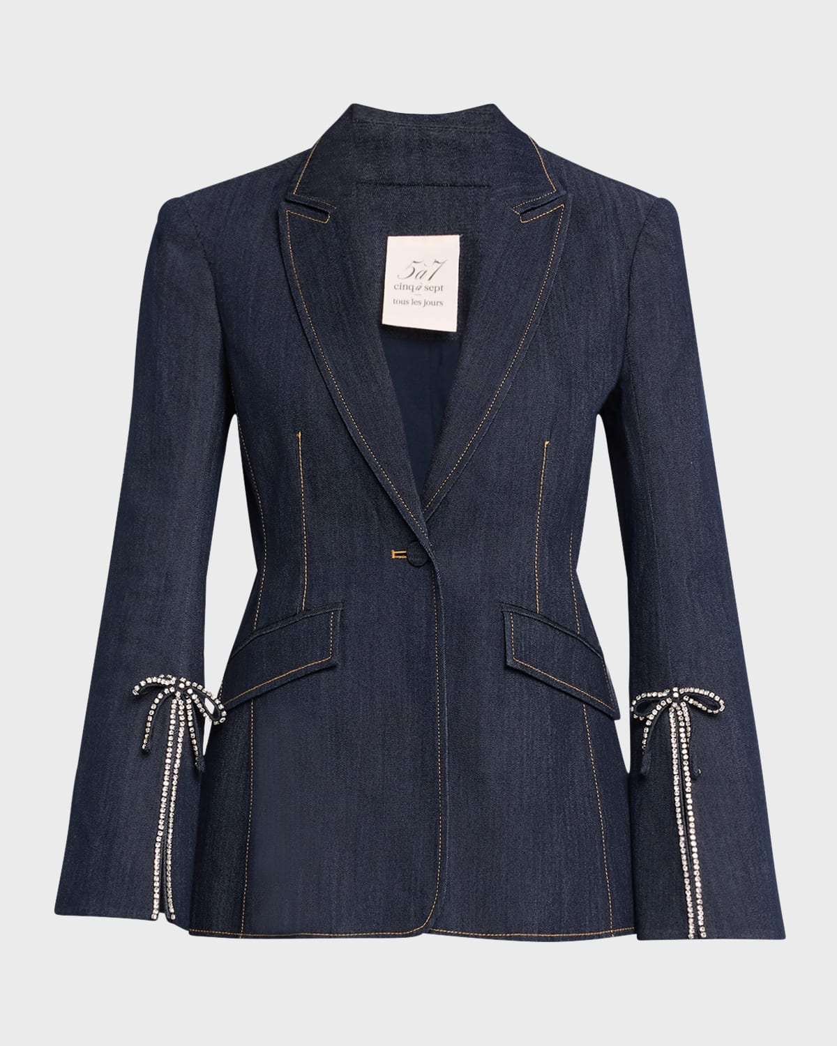 Shop Cinq À Sept Cheyenne Denim Crystal Bow Blazer In Indigo