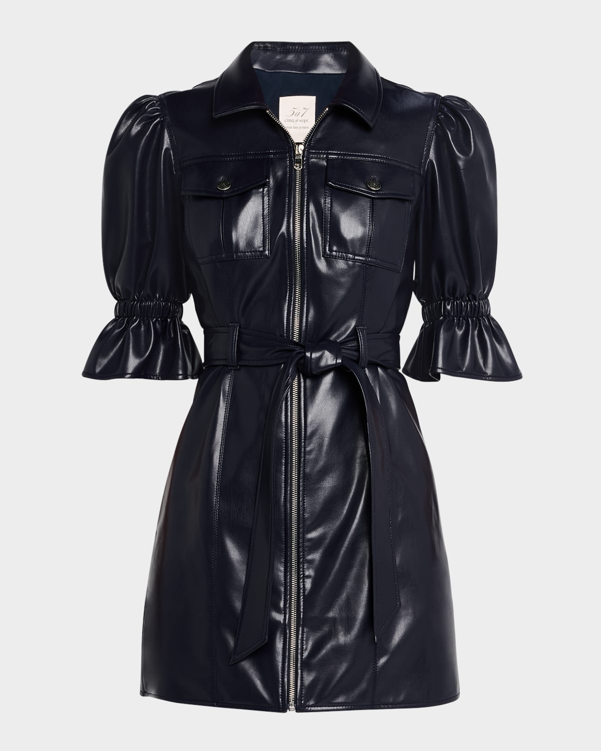 Shop Cinq À Sept Holly Puff-sleeve Vegan Leather Mini Dress In Navy