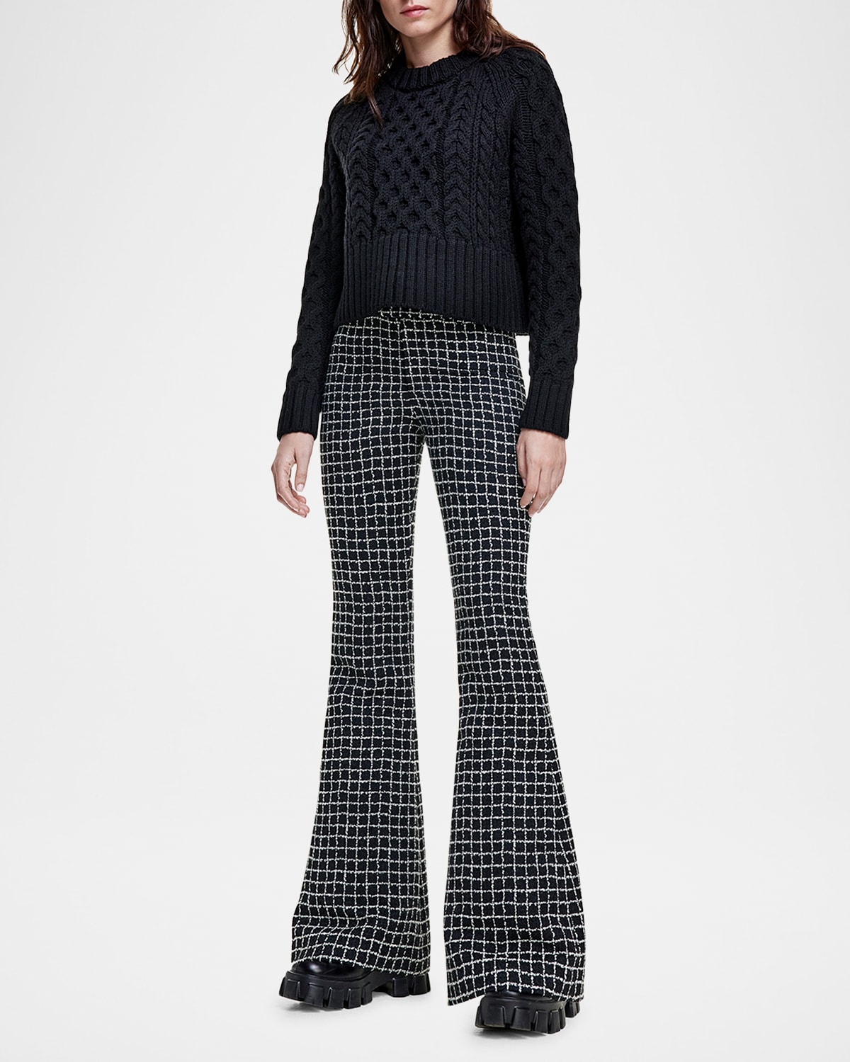 Grid Tweed Bootcut Pants