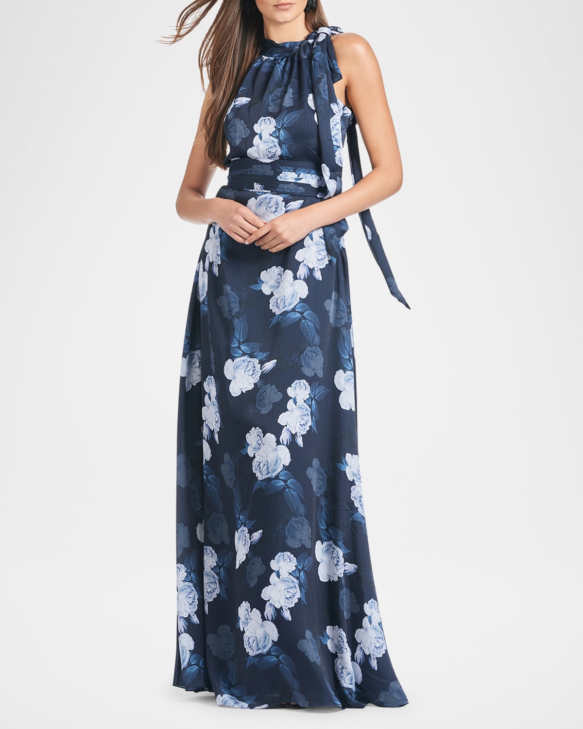 Sachin & Babi Kayla Floral-print Georgette Gown In Midnight Glacial Rose