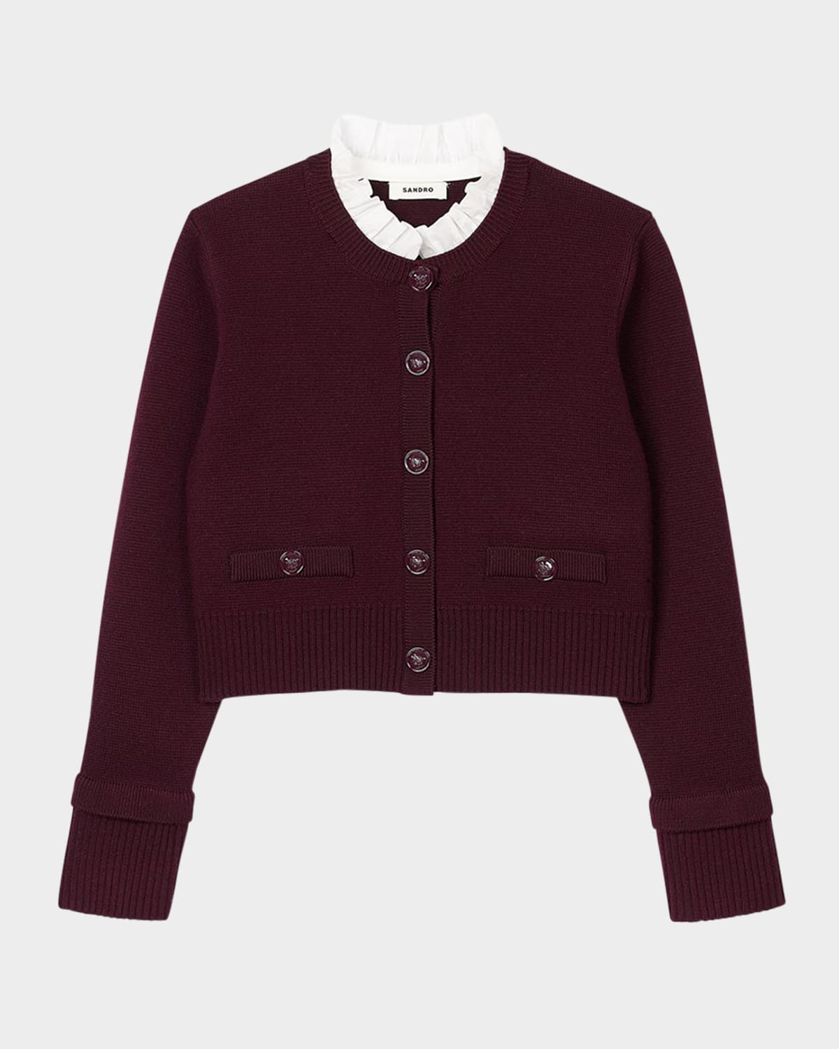 Shop Sandro Meunier Mini Ruffled Neck Cardigan In Bordeaux