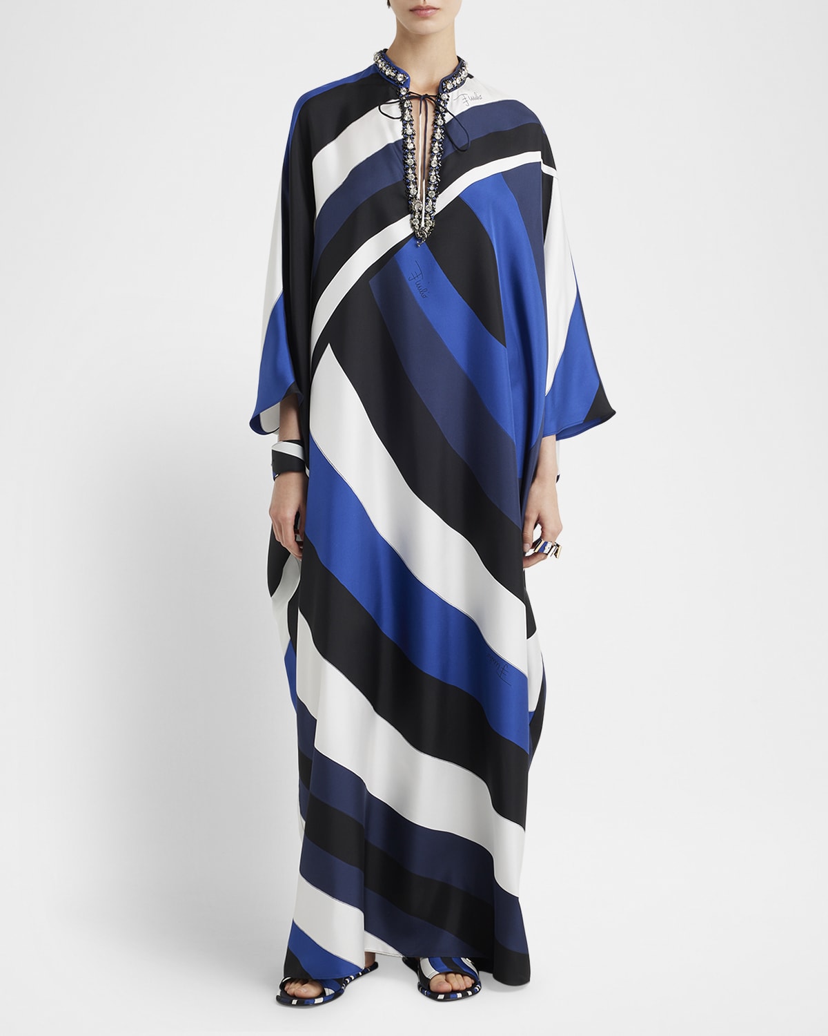 Pucci Iride-print Crystal Neck-tie Silk Twill Maxi Kaftan Dress In Navy