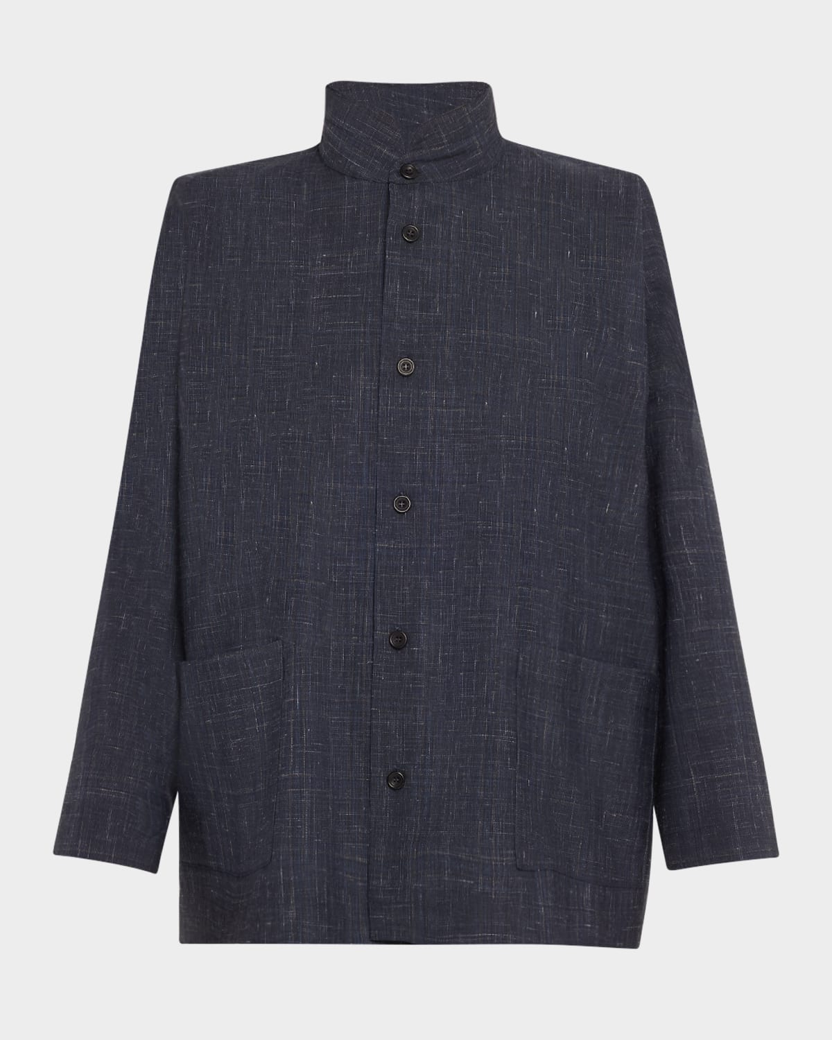 Eskandar Wool-linen Double Stand-collar Shirt Jacket In Navy