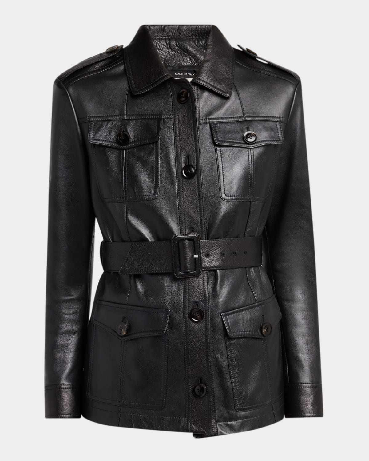 Belted Button Down Leather Jacket