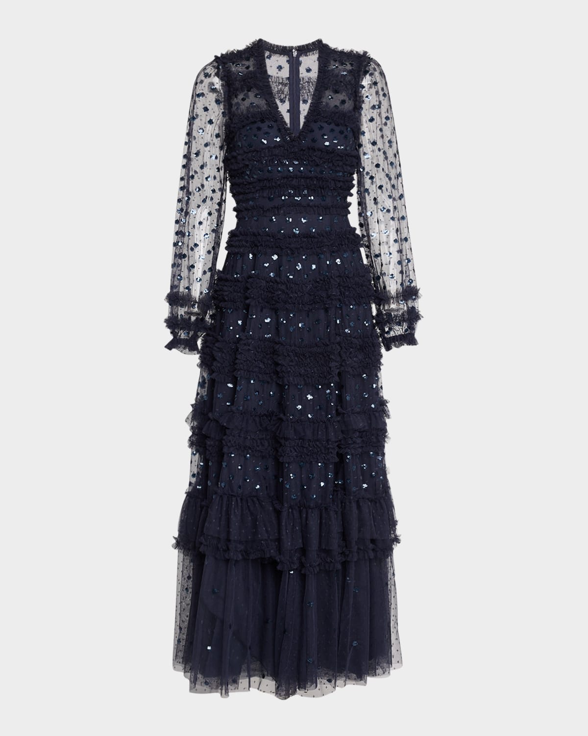 NEEDLE & THREAD VIVIAN TIERED RUFFLE-TRIM SEQUIN ANKLE GOWN 