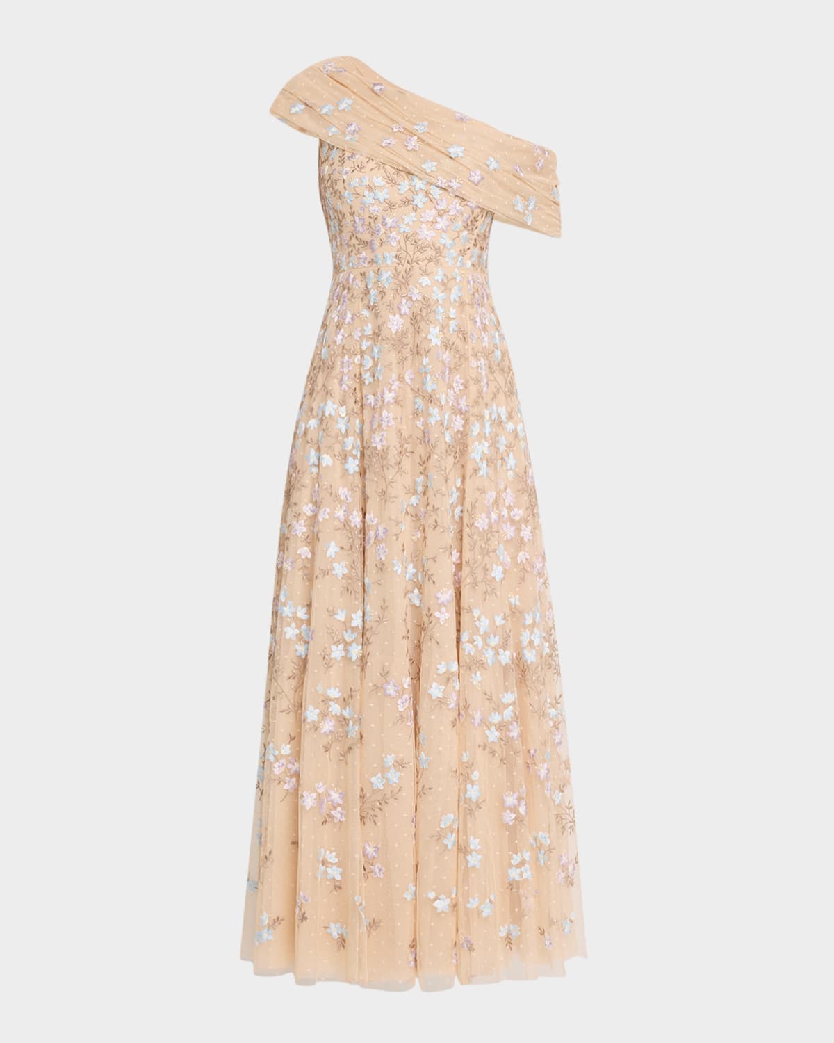 Needle & Thread Everett Bloom One-shoulder Embroidered Gown In Beige