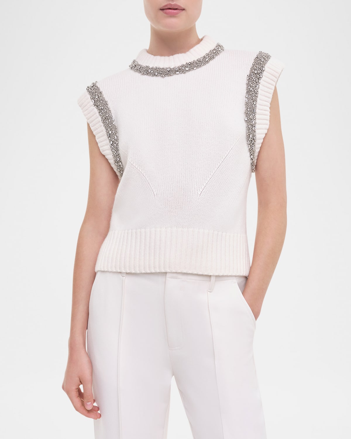 Simkhai Joanae Sleeveless Wool-cashmere Embellished Sweater In Ivory