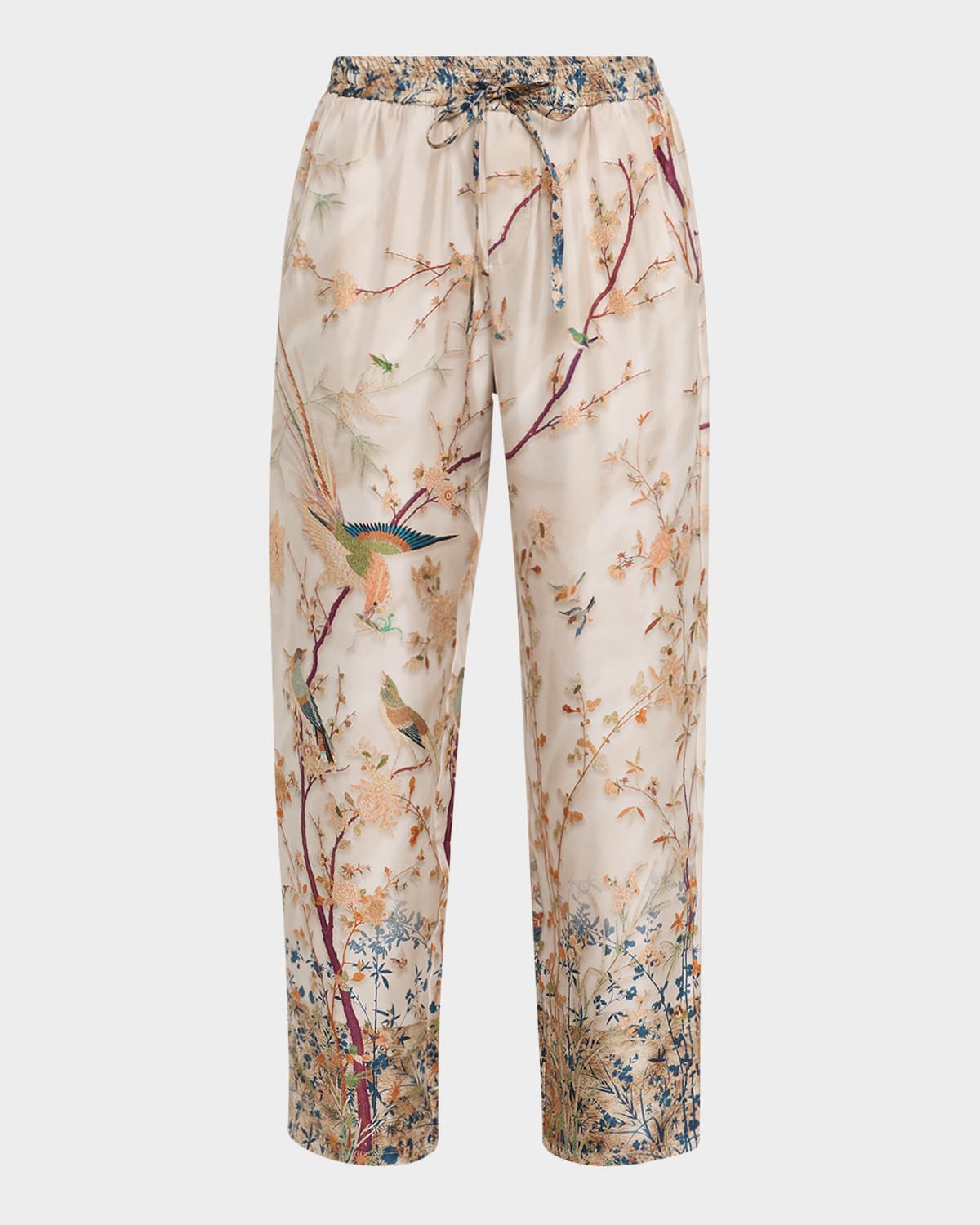 Pierre-louis Mascia Floral Embellished Beige Trousers With Relaxed Fit In Beige Multi