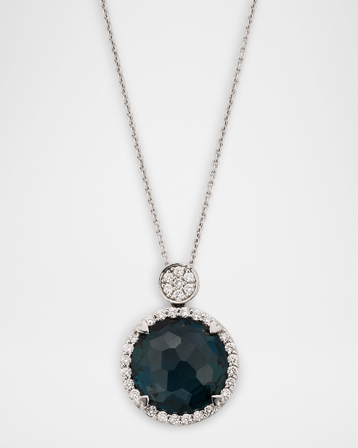 Rocks 18K White Gold Petite London Blue Topaz Diamond Halo and Disc Bail Pendant Necklace