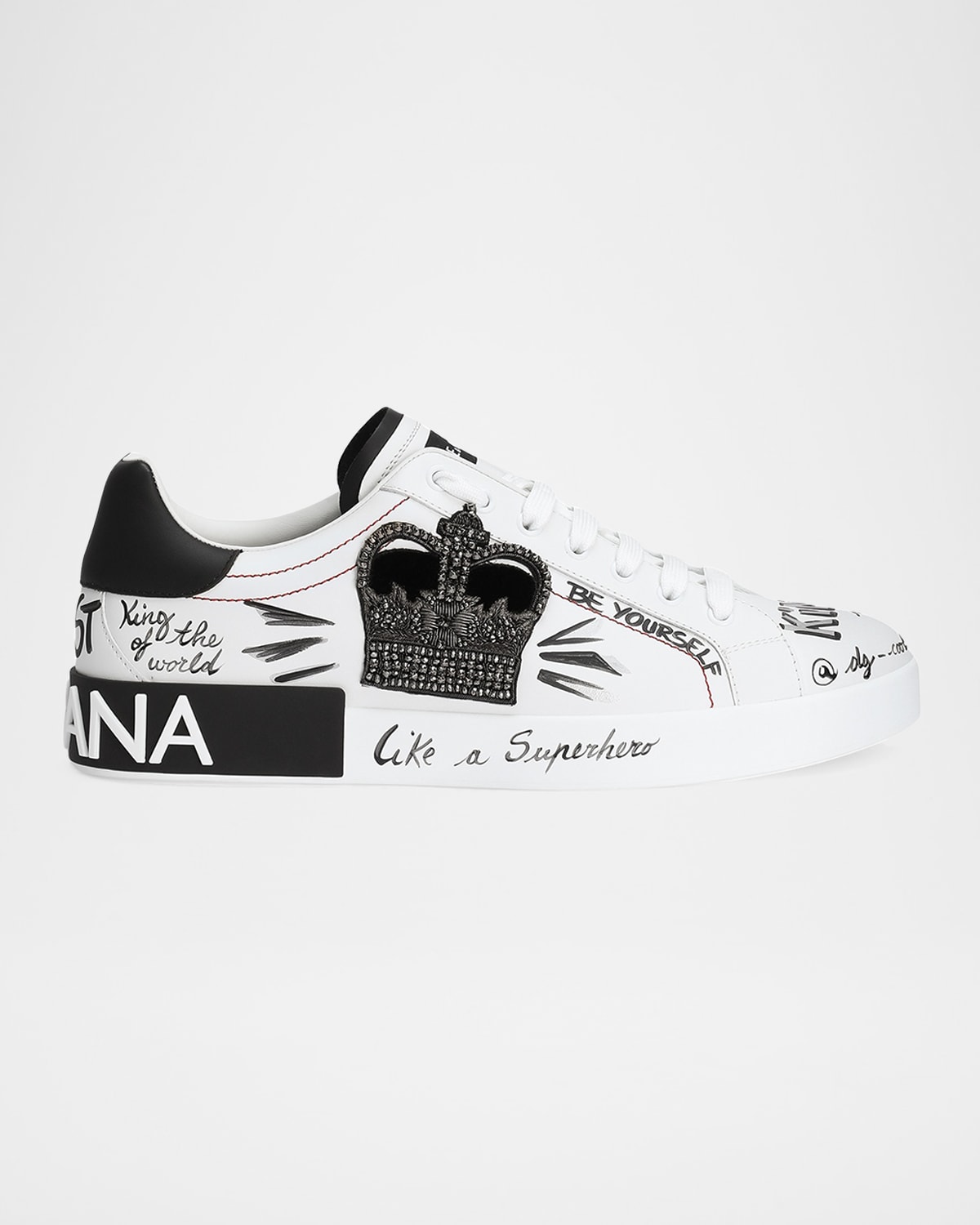 Dolce & Gabbana White Low Top Sneakers With Logo Patch On The Tongue And All-over Print In Leather Man In Bia/nero