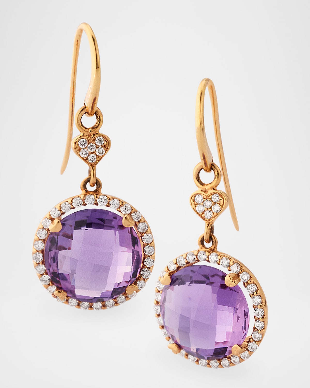Rocks 18K Rose Gold Amethyst Diamond Halo and Heart Drop Earrings