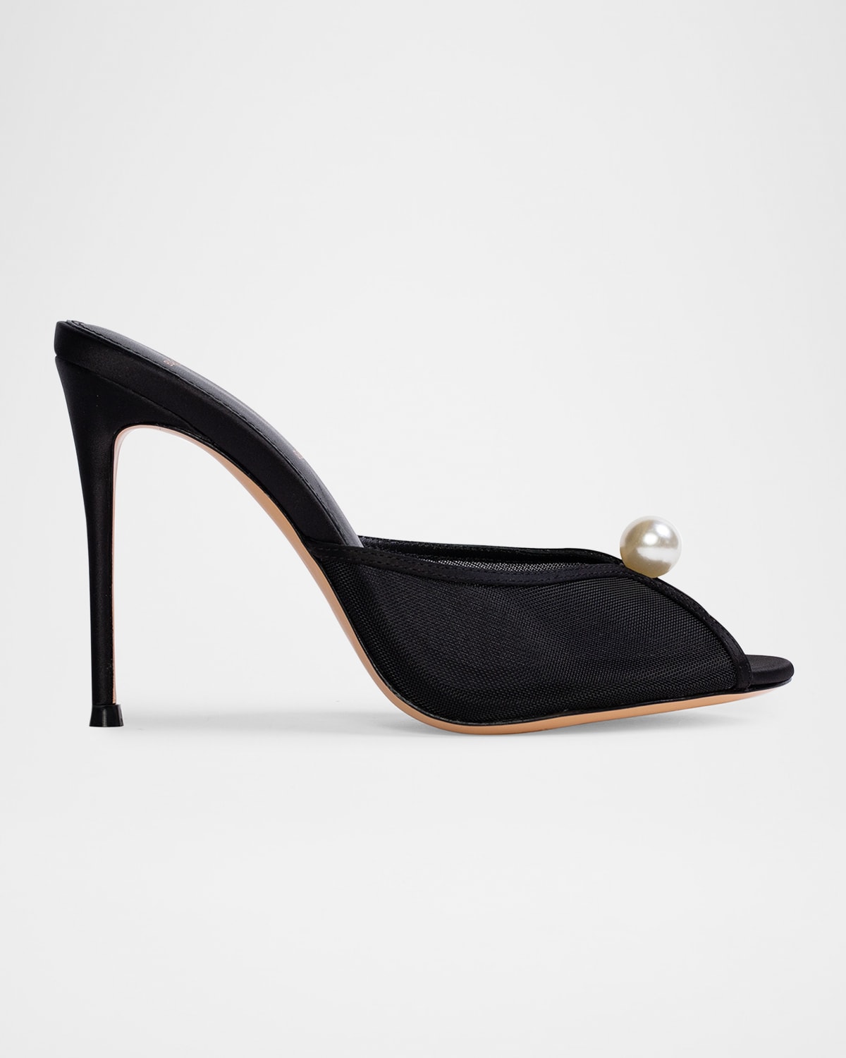 Black Suede Studio Sadie Peep Toe Slide Sandal In Black Mesh, Pearl Ornament