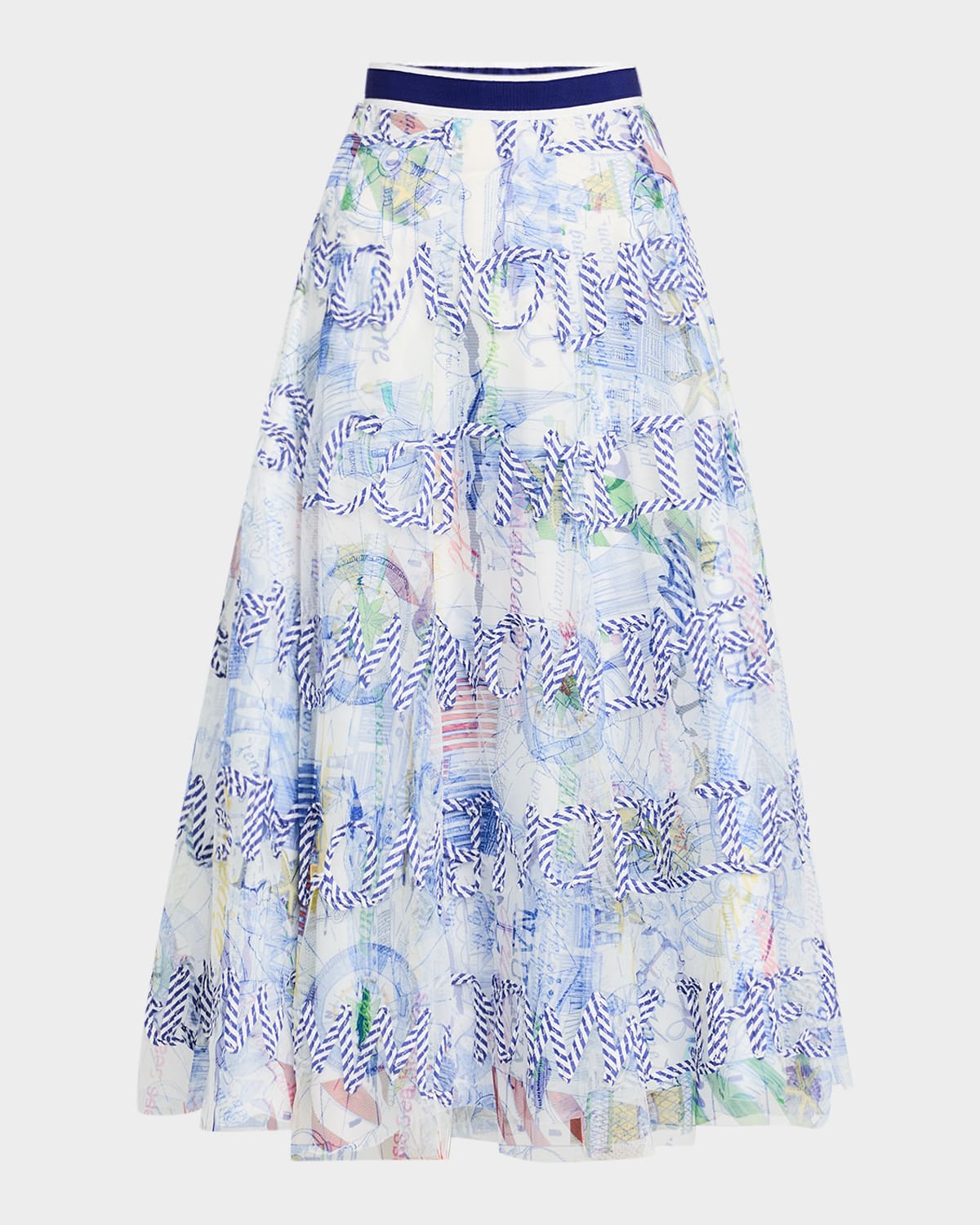 Script-Embroidered Nautical Tulle Midi Skirt