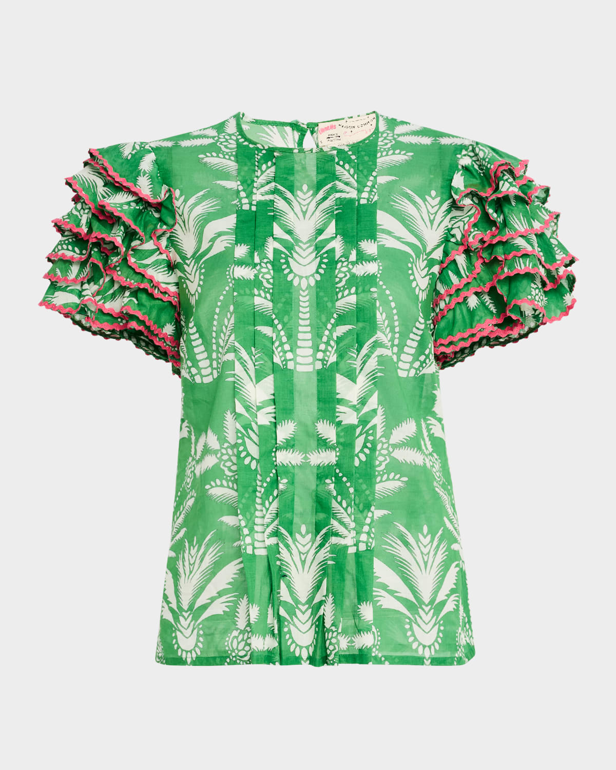 Palm-Print Cotton Voile Ruffle Short-Sleeve Blouse