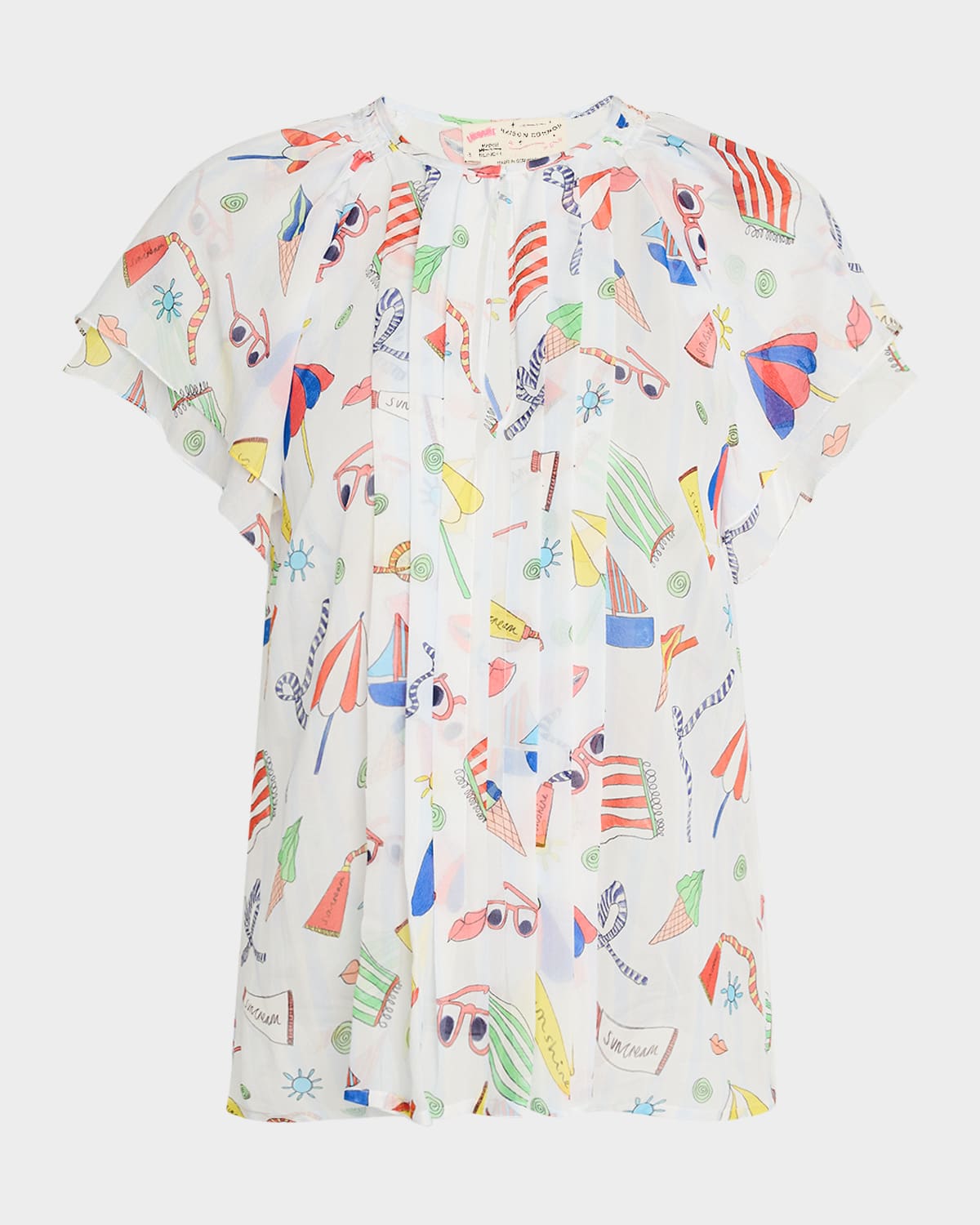 Maison Common Nautical-Print Flutter Short-Sleeve Silk Blouse