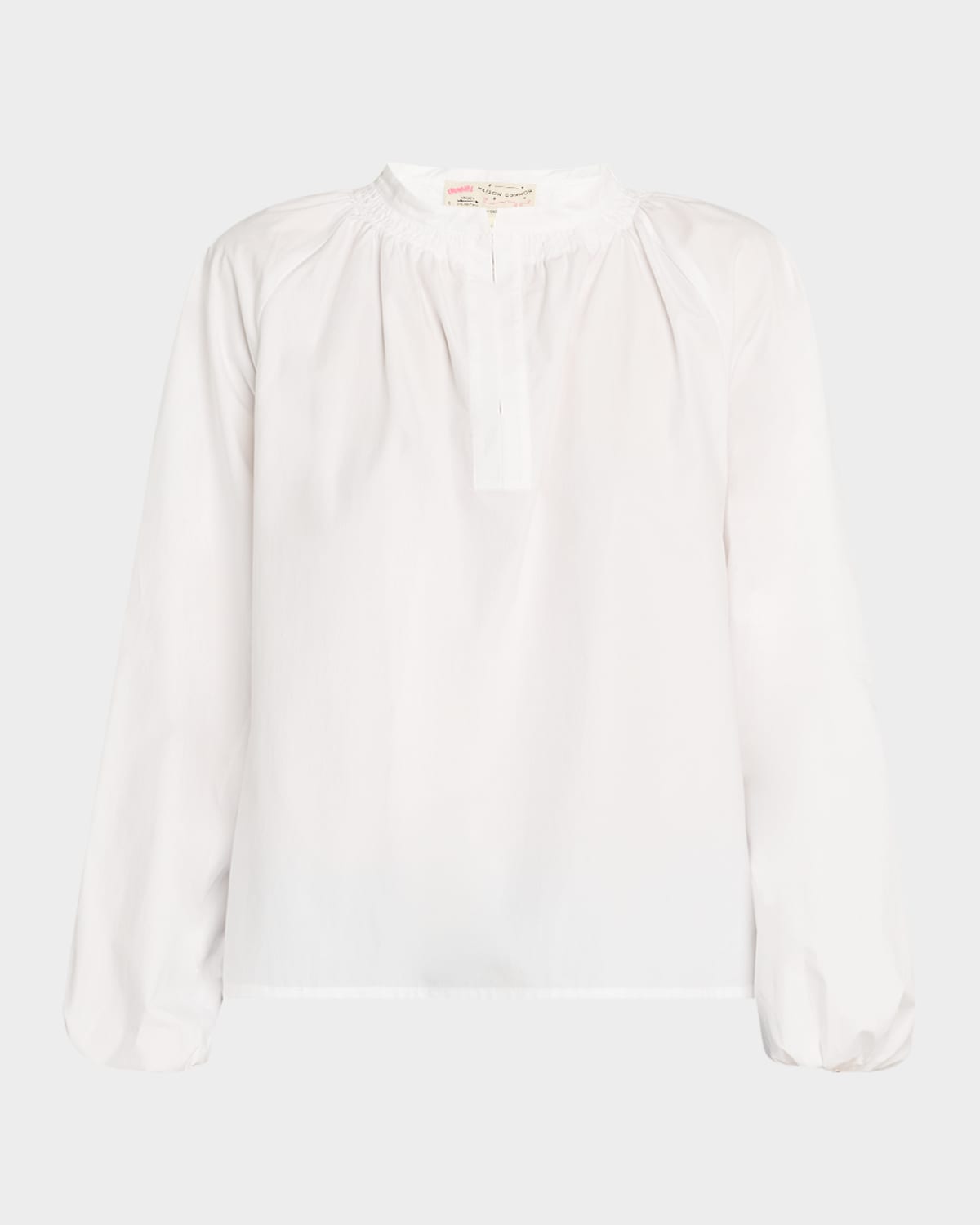 Ruched-Neck Long-Sleeve Cotton Blouse