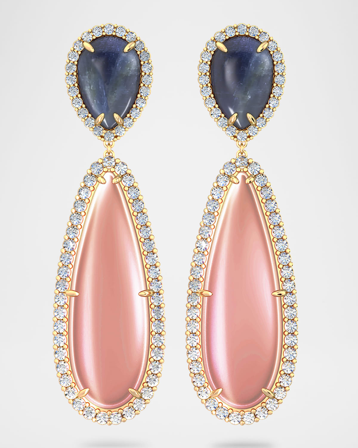 Sparrow Earrings with Kyanite, Pink Moonstone, and Diamonds