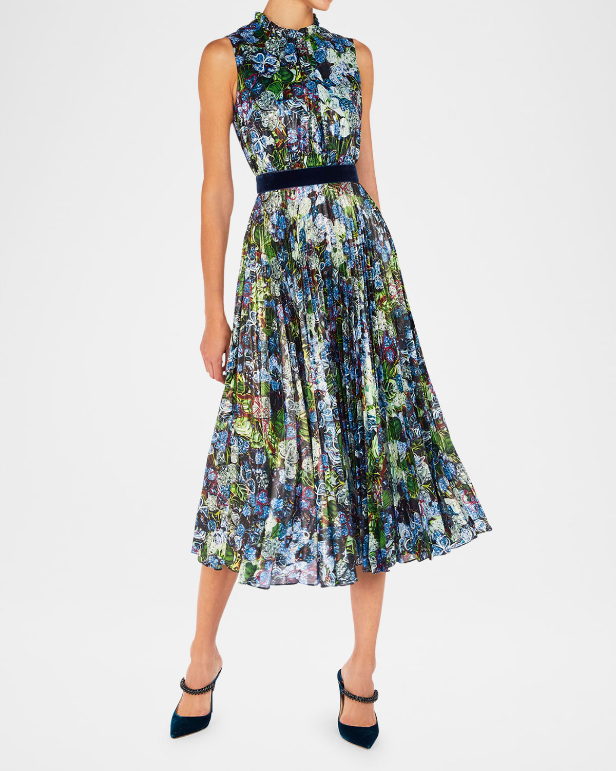 Mary Katrantzou Hollie Clover Lapis-print Pleated Lame Midi Dress In Clover Aop Lapis Print