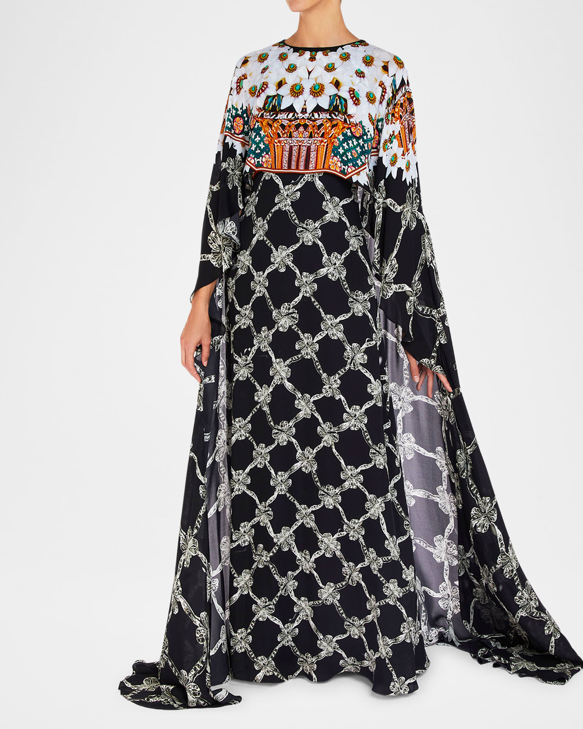 Mary Katrantzou Thali Caramolengo Plexus-print Cape Gown In Caramolengo Plexus Print