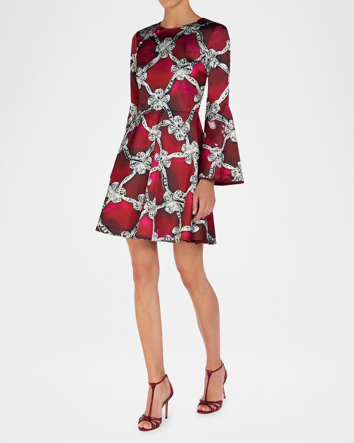Beam Plexus Ruby-Print Flare-Sleeve Mini Dress