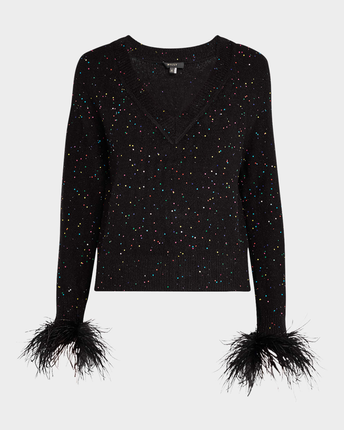 Feather-Cuff Sequined Knit Sweater