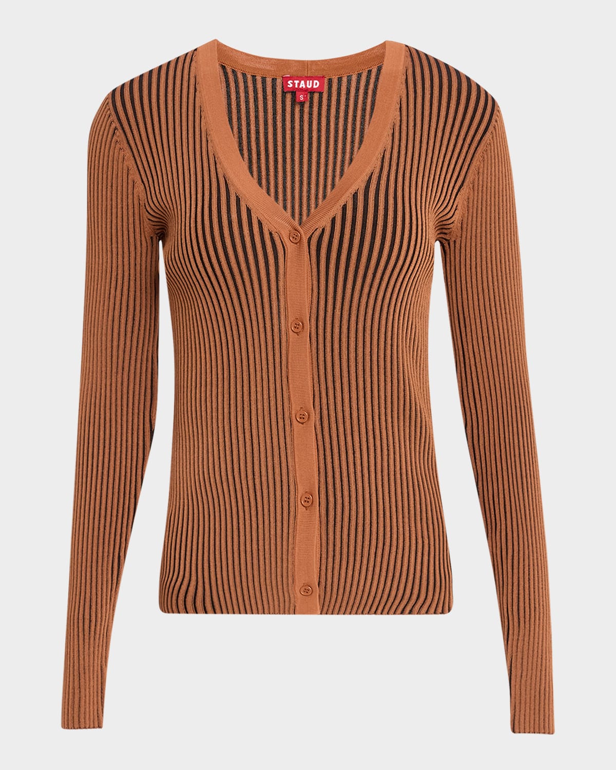 Staud Rib Cardigan In Black Tan