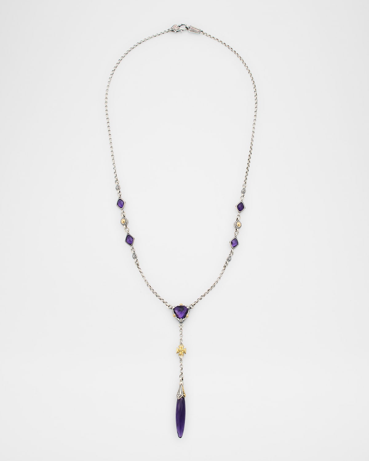 Anthos Cross and Dagger Drop Dark Amethyst Quartz Necklace