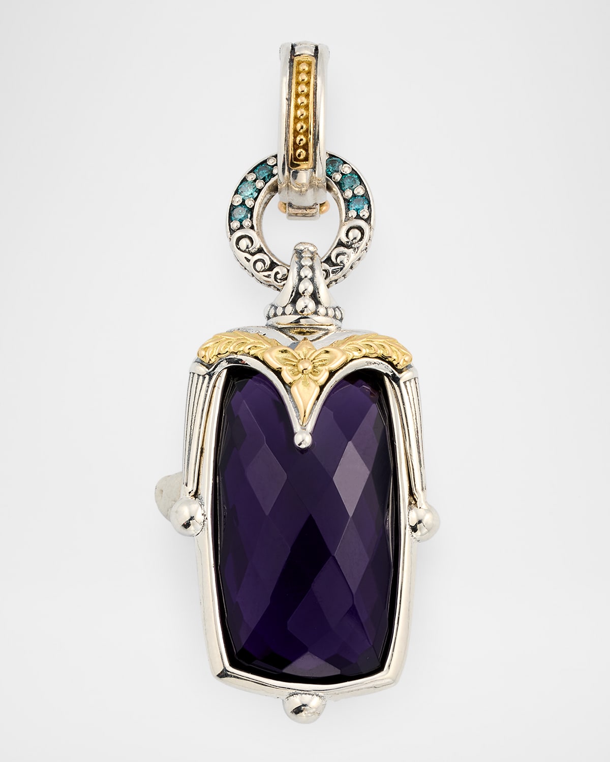 Sterling Silver and 18K Yellow Gold Pendant with Blue Diamonds and Dark Amethyst Quartz