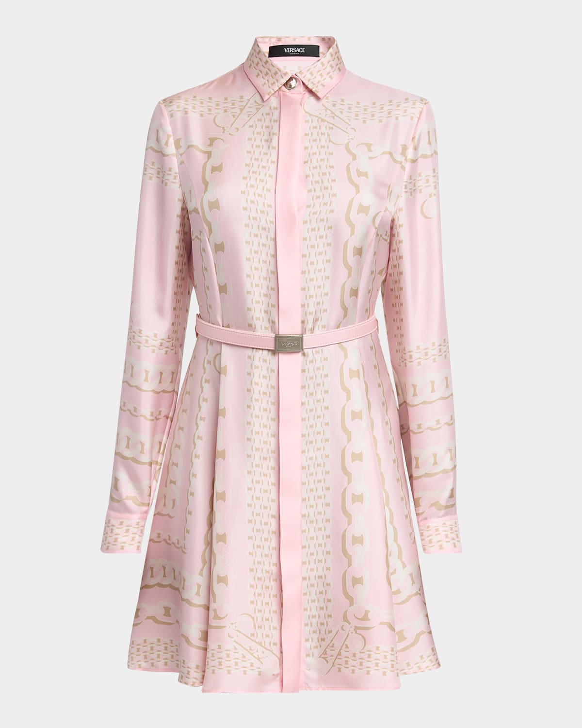 Versace Barocco Chain Pattern Mini Shirt Dress In Pastel Pink