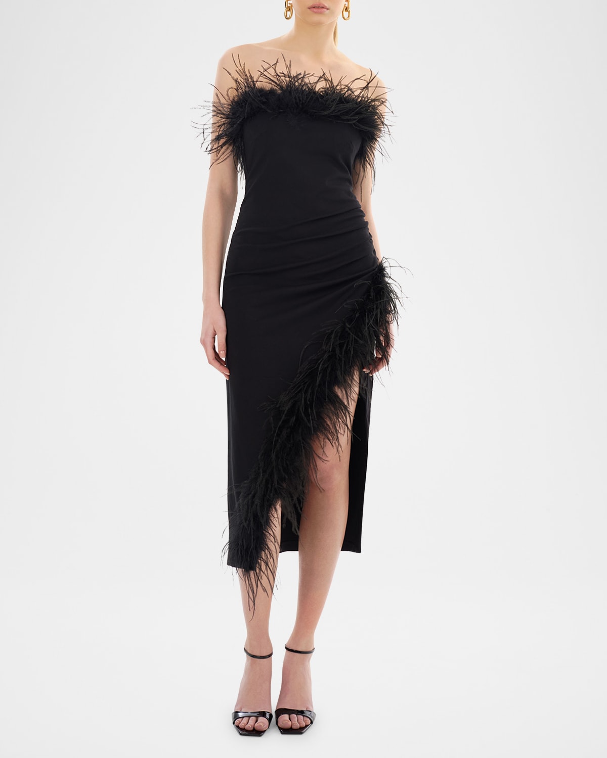Lamarque Freya Strapless Feather-trim Midi Dress In Black