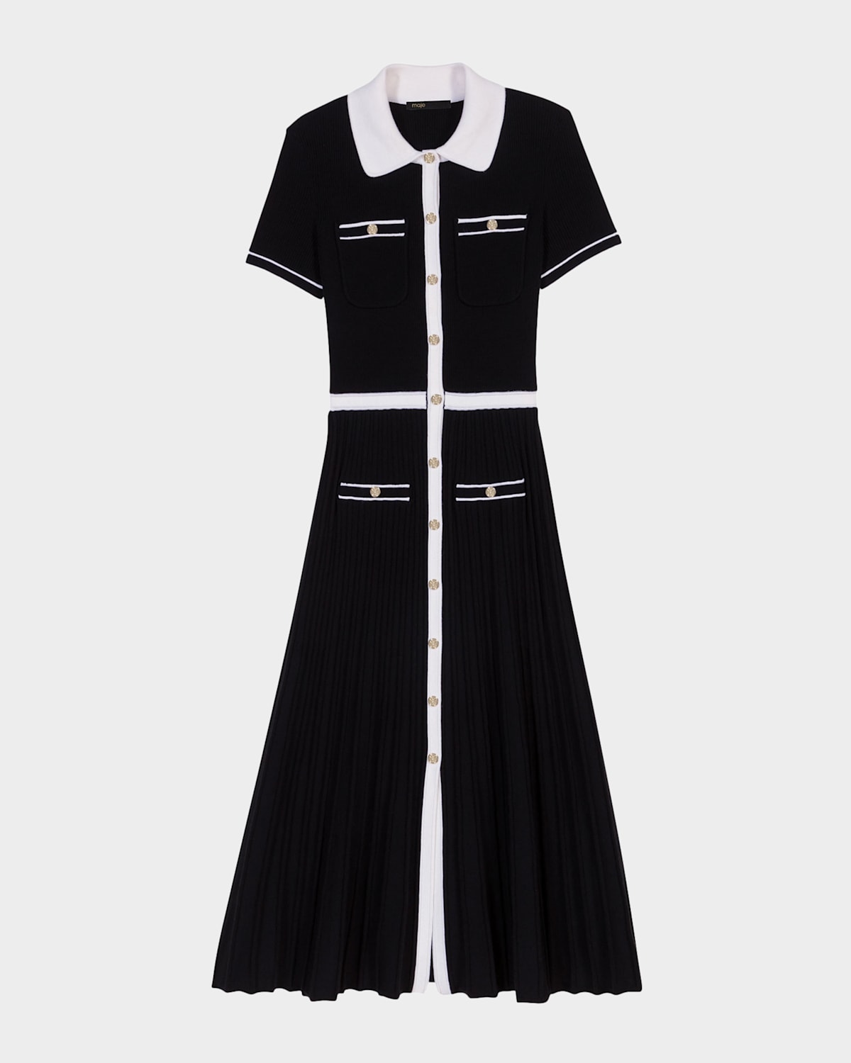 Maje Redouane Knit Shirt Dress In Black / White