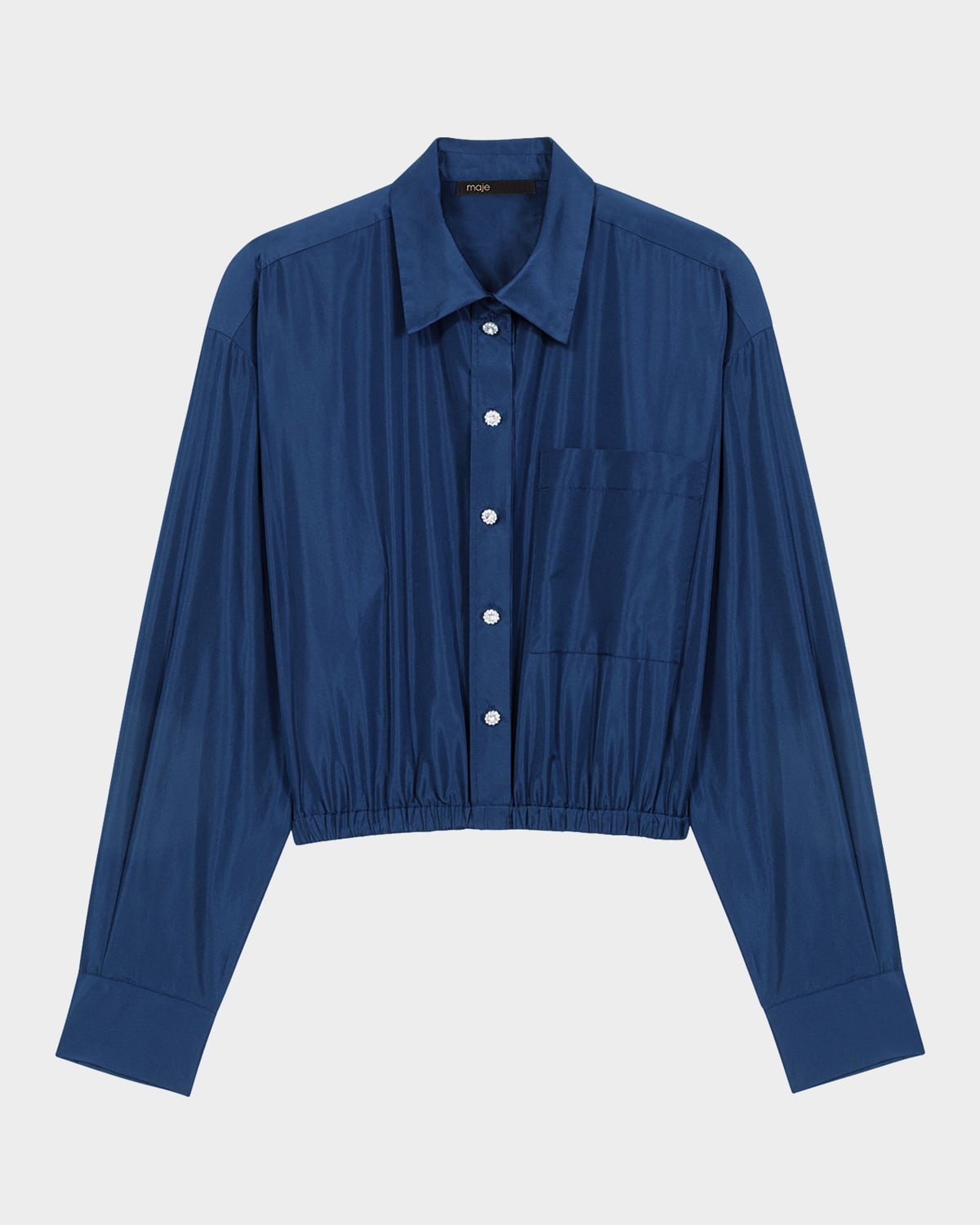 Shop Maje Ceta Cropped Satin-effect Technical Shirt In Navy