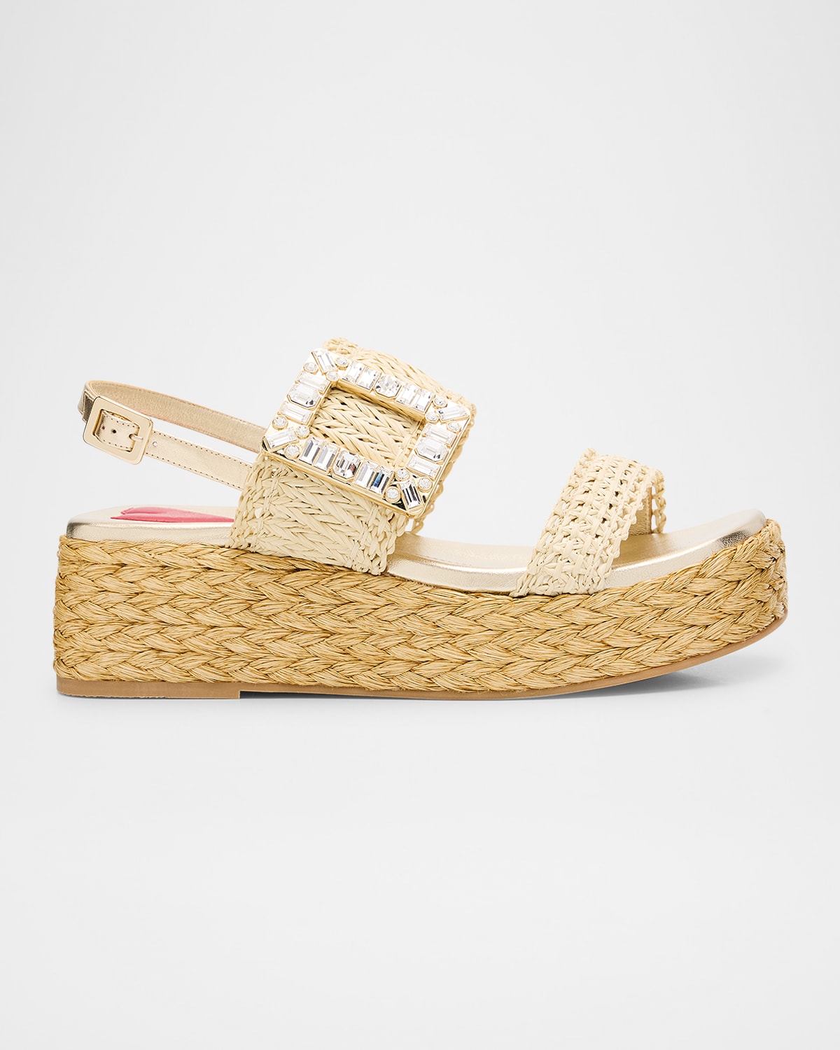 Shop Roger Vivier Raffia Crystal Buckle Platform Sandals In Cream