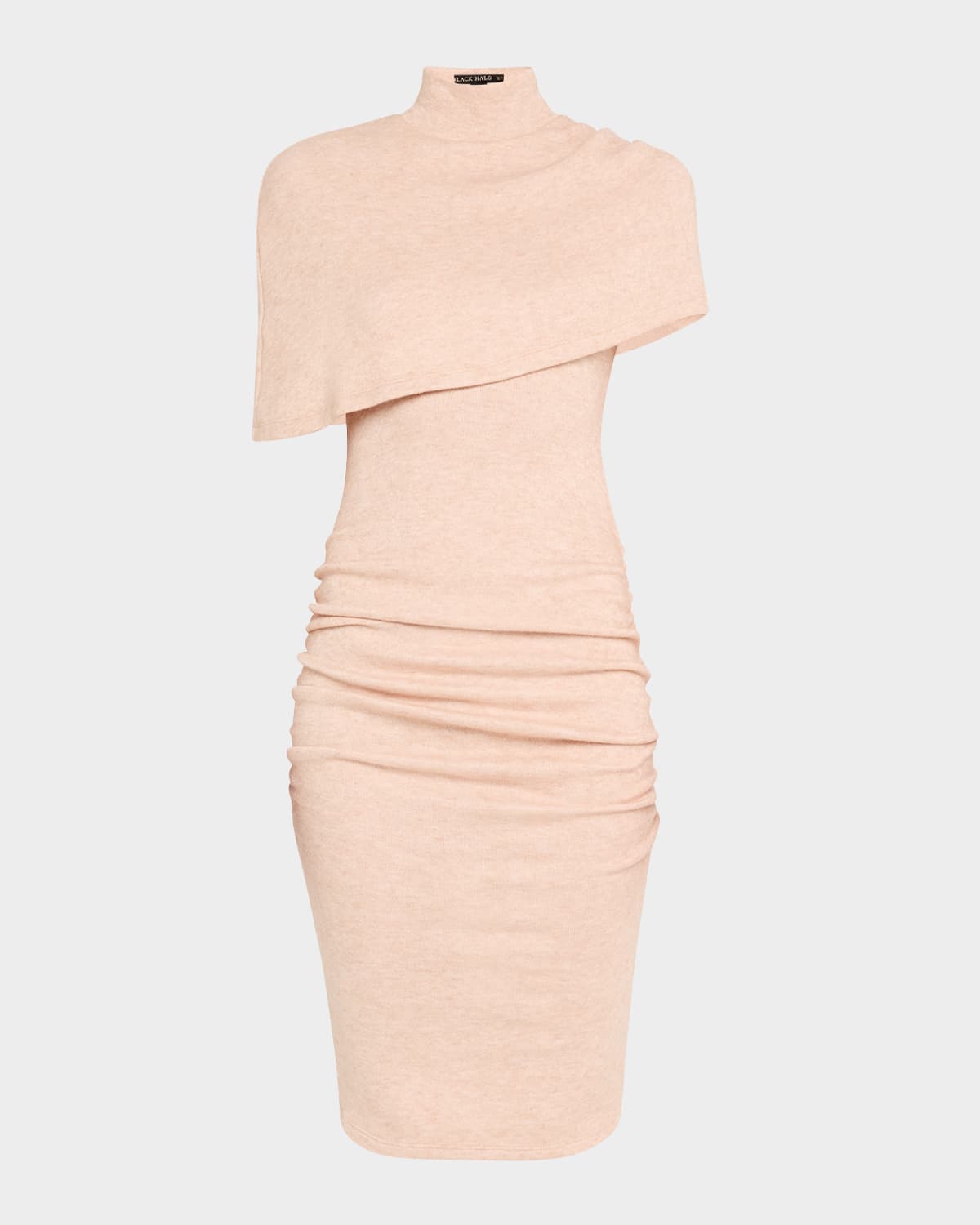 Black Halo Ruched Turtleneck Cape Knit Dress In Pink Champagne
