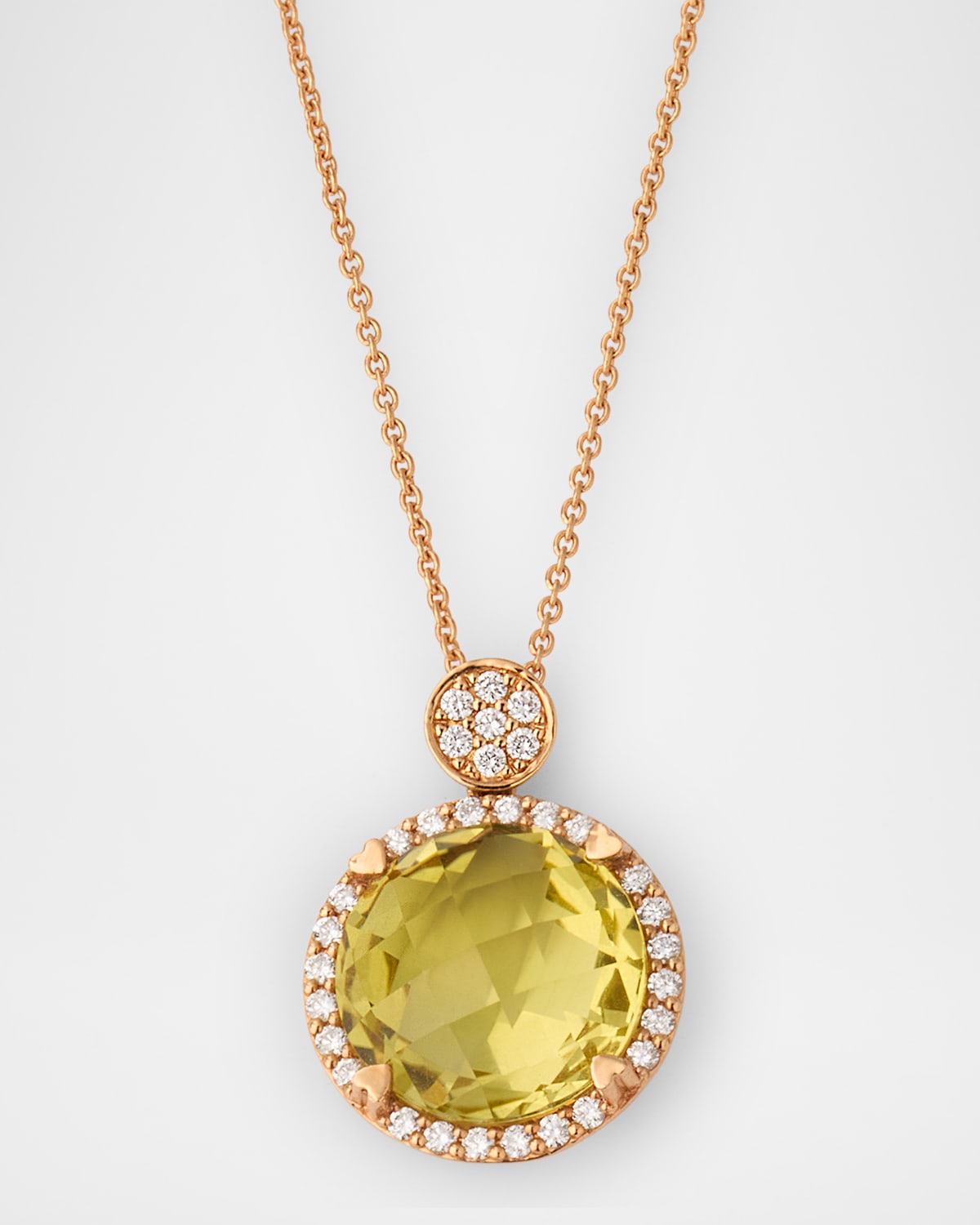 Rocks 18K Rose Gold Petite Lemon Quartz Diamond Halo and Disc Bail Pendant Necklace