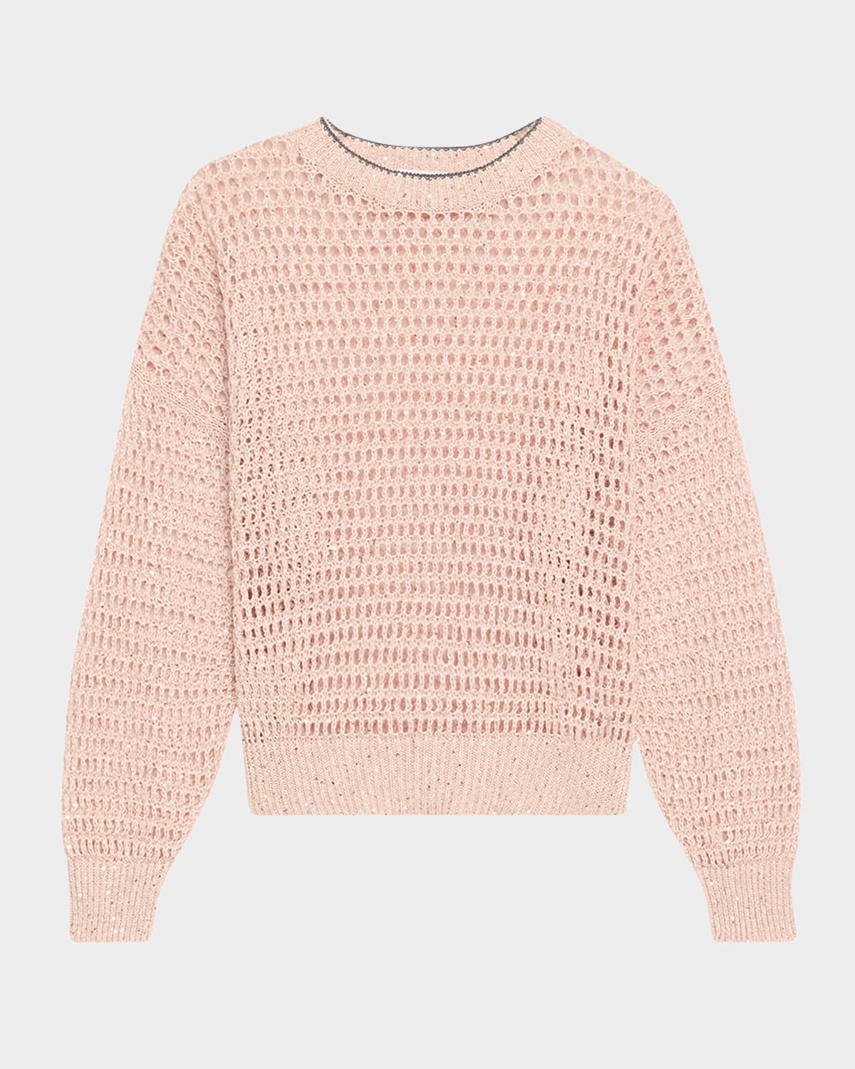 Brunello Cucinelli Linen Paillette Open Knit Crewneck Sweater In Pink