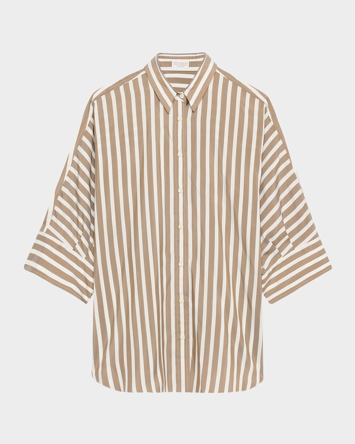 Brunello Cucinelli Striped Silk Button-down Blouse In White And Brown