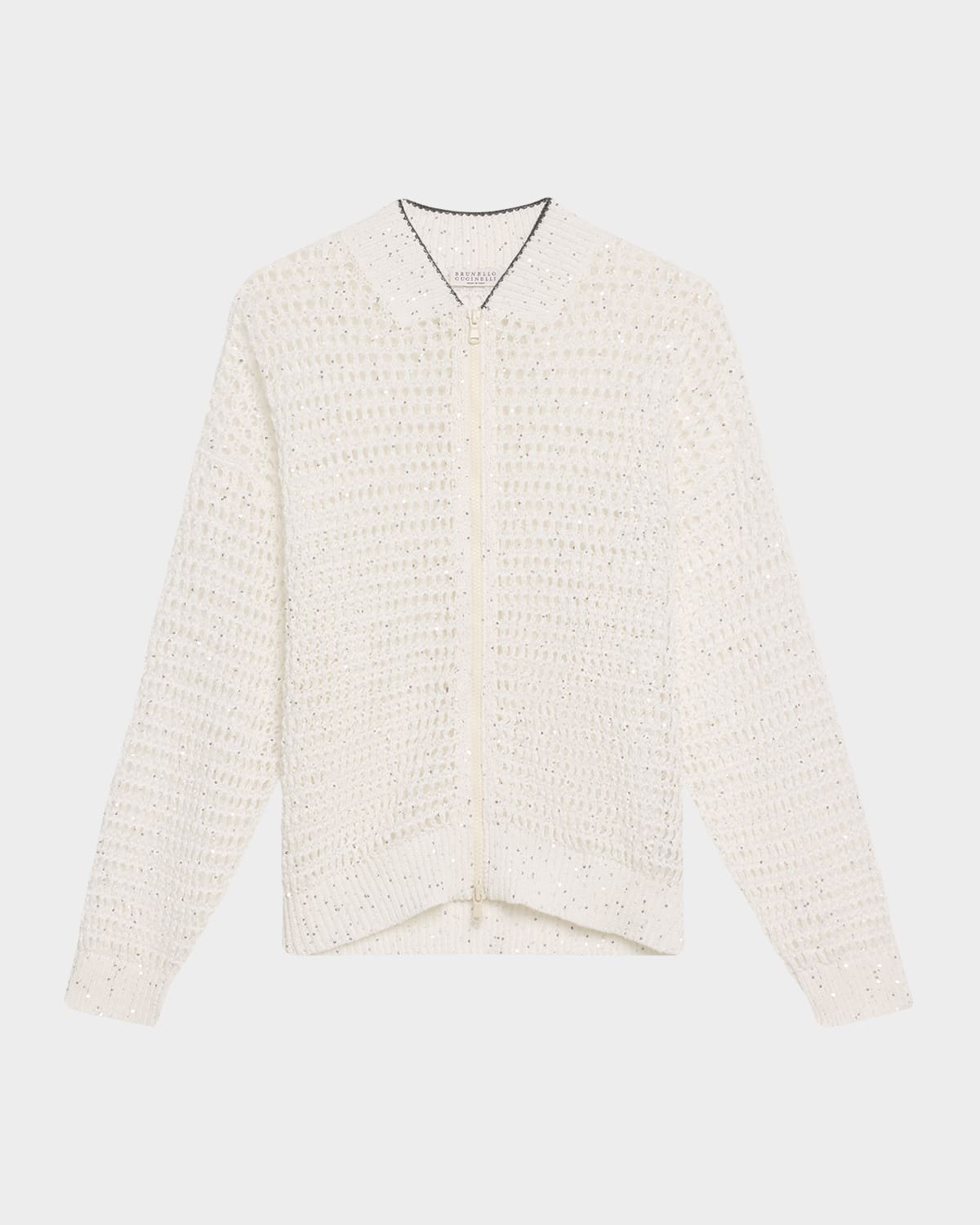 BRUNELLO CUCINELLI LINEN PAILLETTES OPENWORK NET STITCHED CARDIGAN 