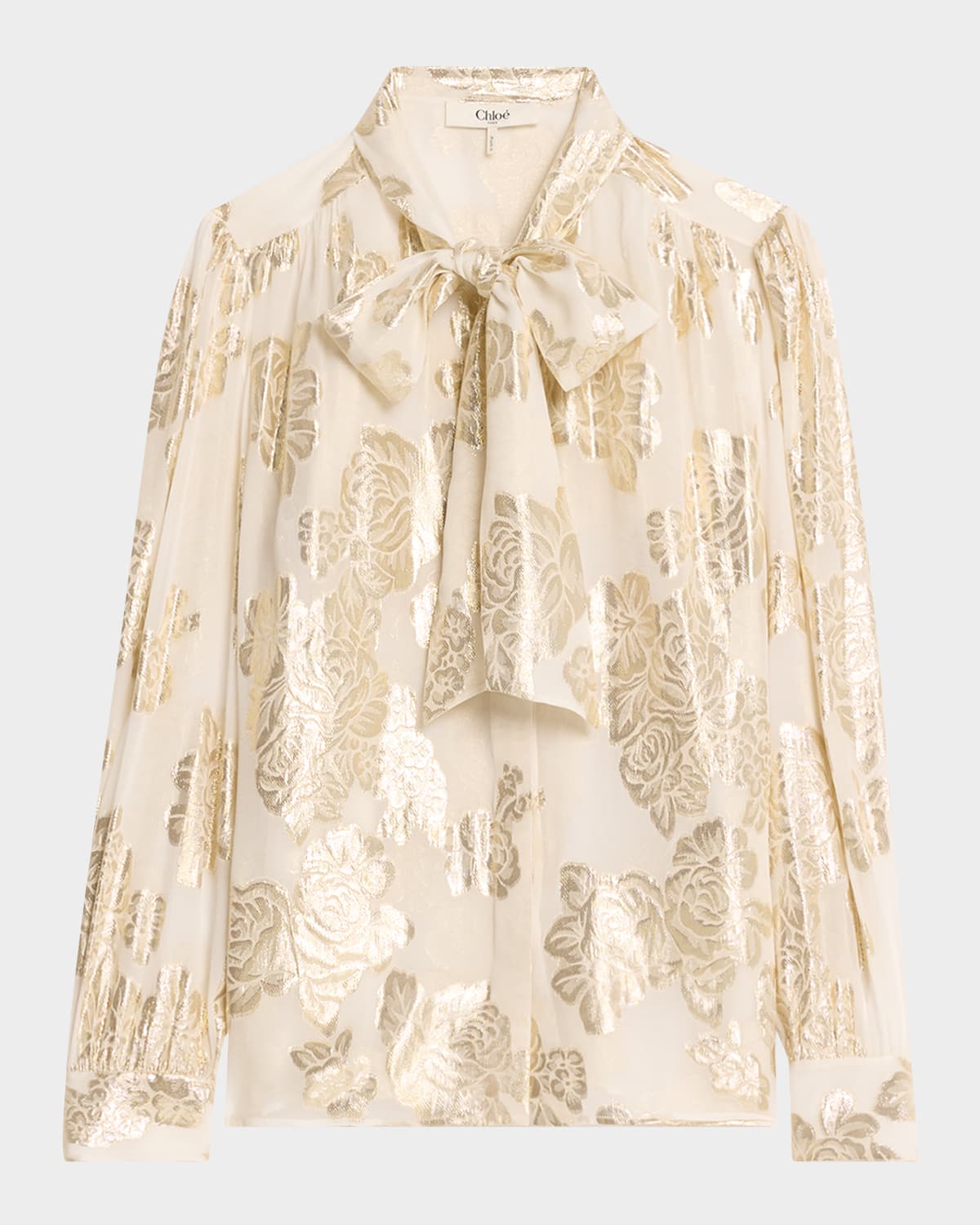 Chloé Metallic Floral Silk Scarf-neck Top In Coconut Milk