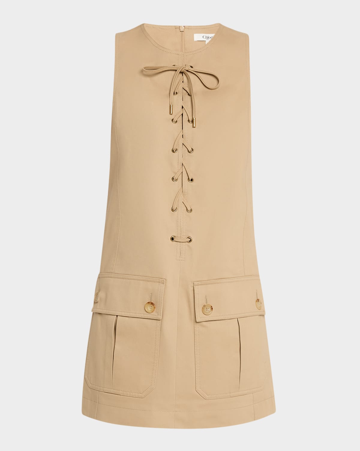 Shop Chloé Lace-up Sleeveless Mini Utility Dress In Argil Brown