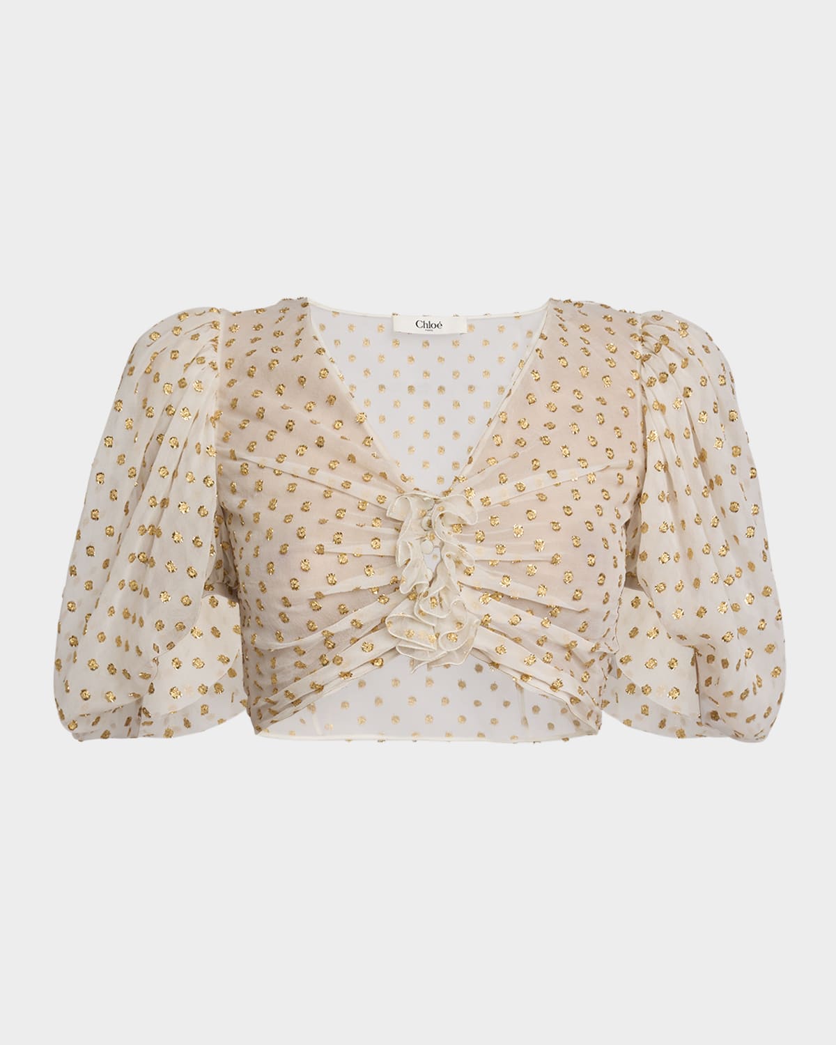 CHLOÉ METALLIC POLKA-DOT JACQUARD PUFF-SLEEVE CROP TOP 