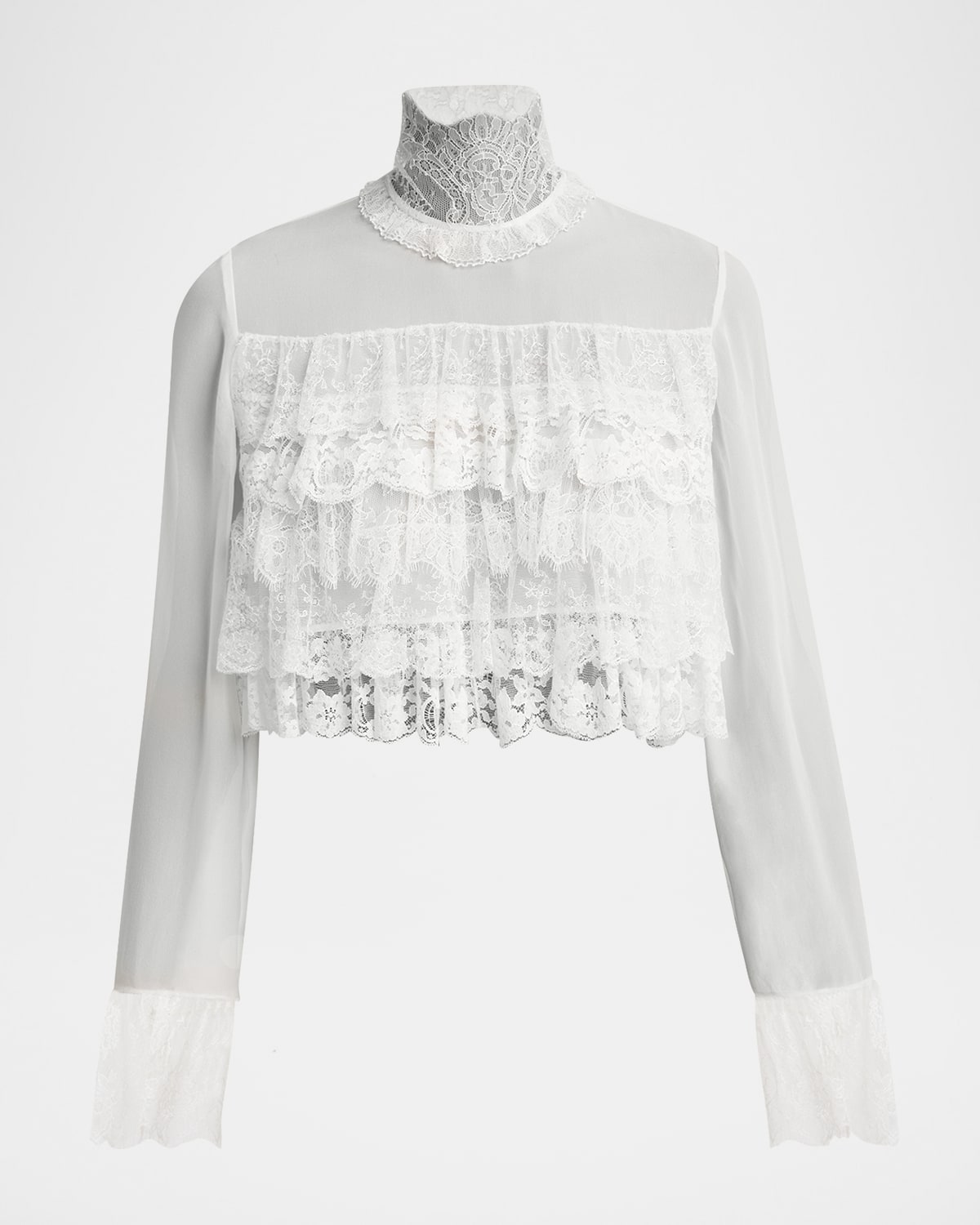 Chloé Lace Ruffle Long-sleeve Silk Crop Top In Iconic Milk