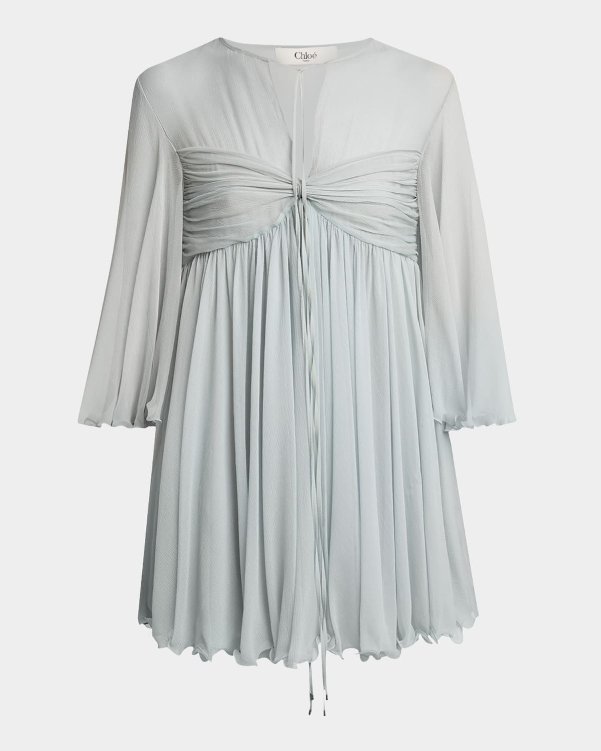Chloé Twisted Bust 3/4-sleeve Chiffon Mini Dress In Airy Grey