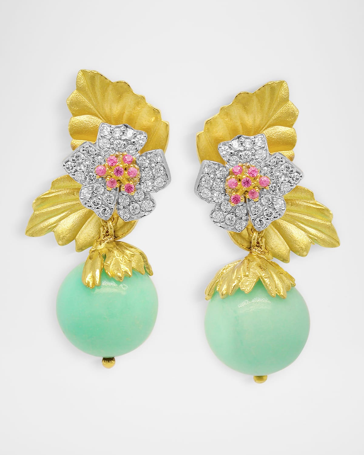 Enchanted Garden 18K Yellow Gold Mint Chrysoprase Earrings with Diamonds and Pink Sapphires