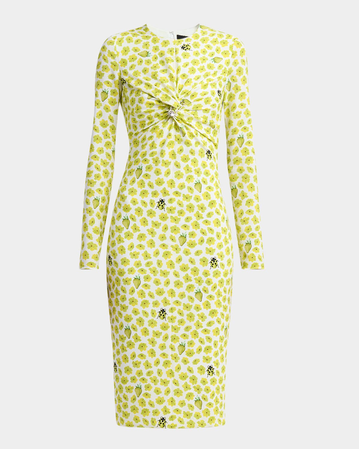 Versace Twisted Safety-pin Strawberry Garden Silk Georgette Dress In White Lime