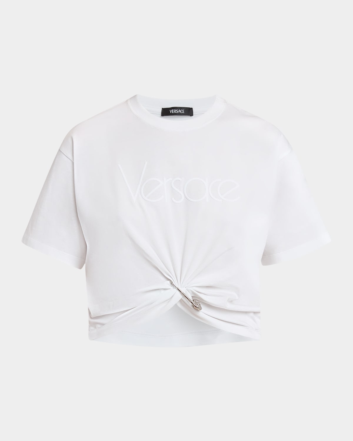 Versace Cropped T-shirt With Twist Detail And Safety Pin Logo In Optical White
