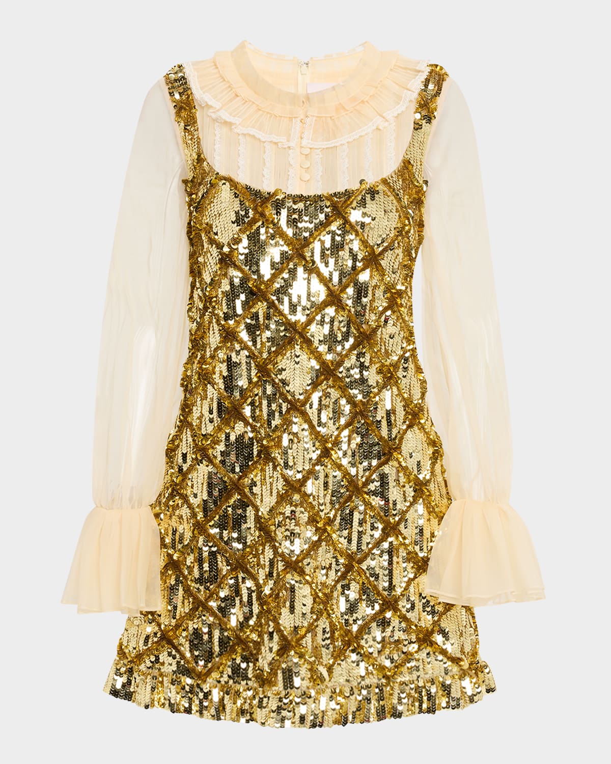 Valentino Sequined Layered Ruffle Long-sleeve Mini Dress